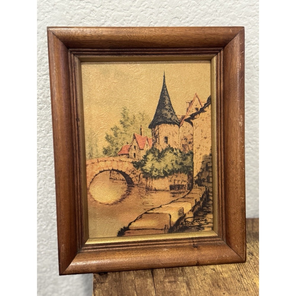 Vintage De Fontaine European Village Wall Art 10x8 Gold Textured Mid Century